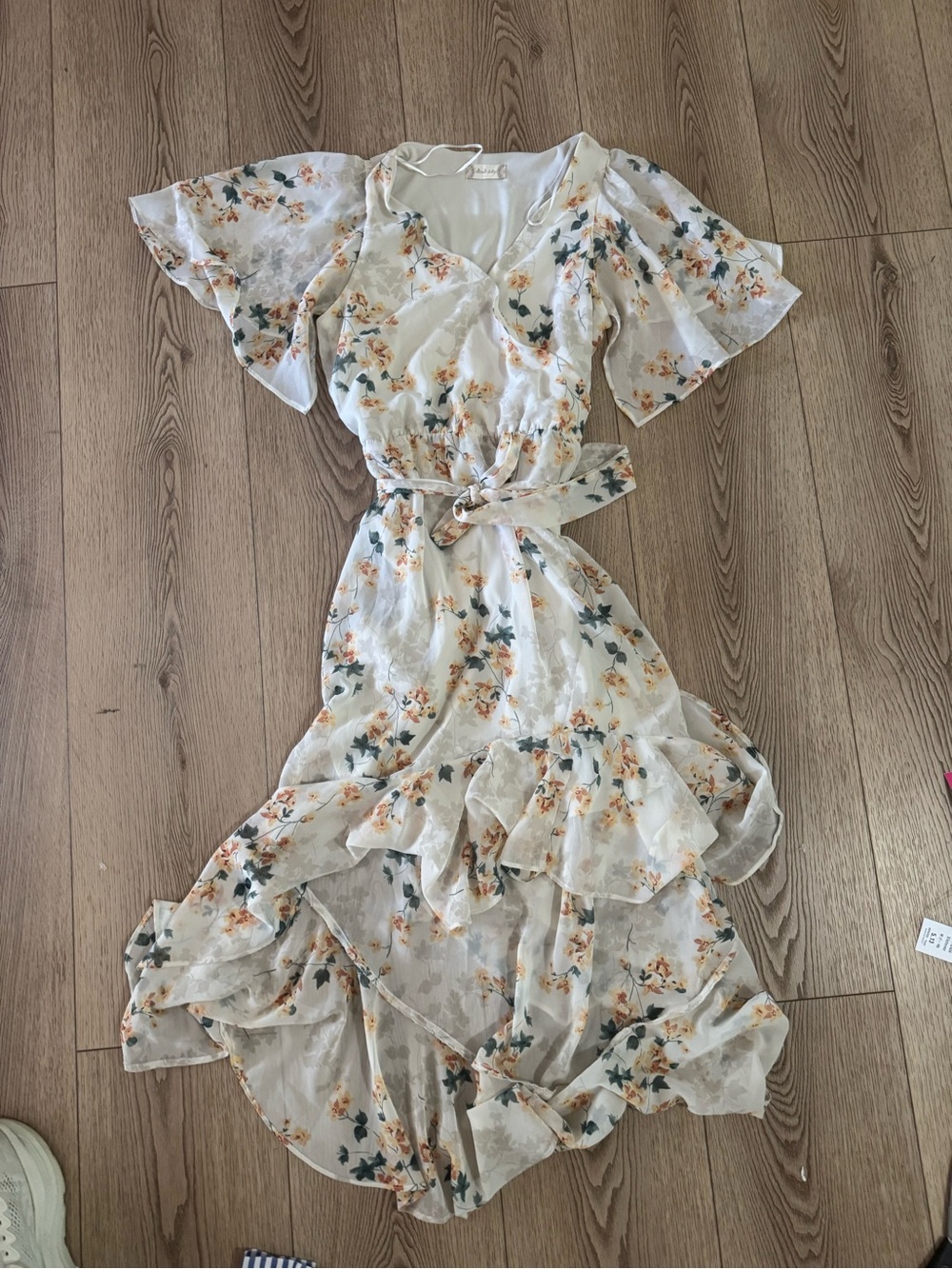Altar’d State Floral Wrap Midi Dress in Cream with Ruffle Hem
